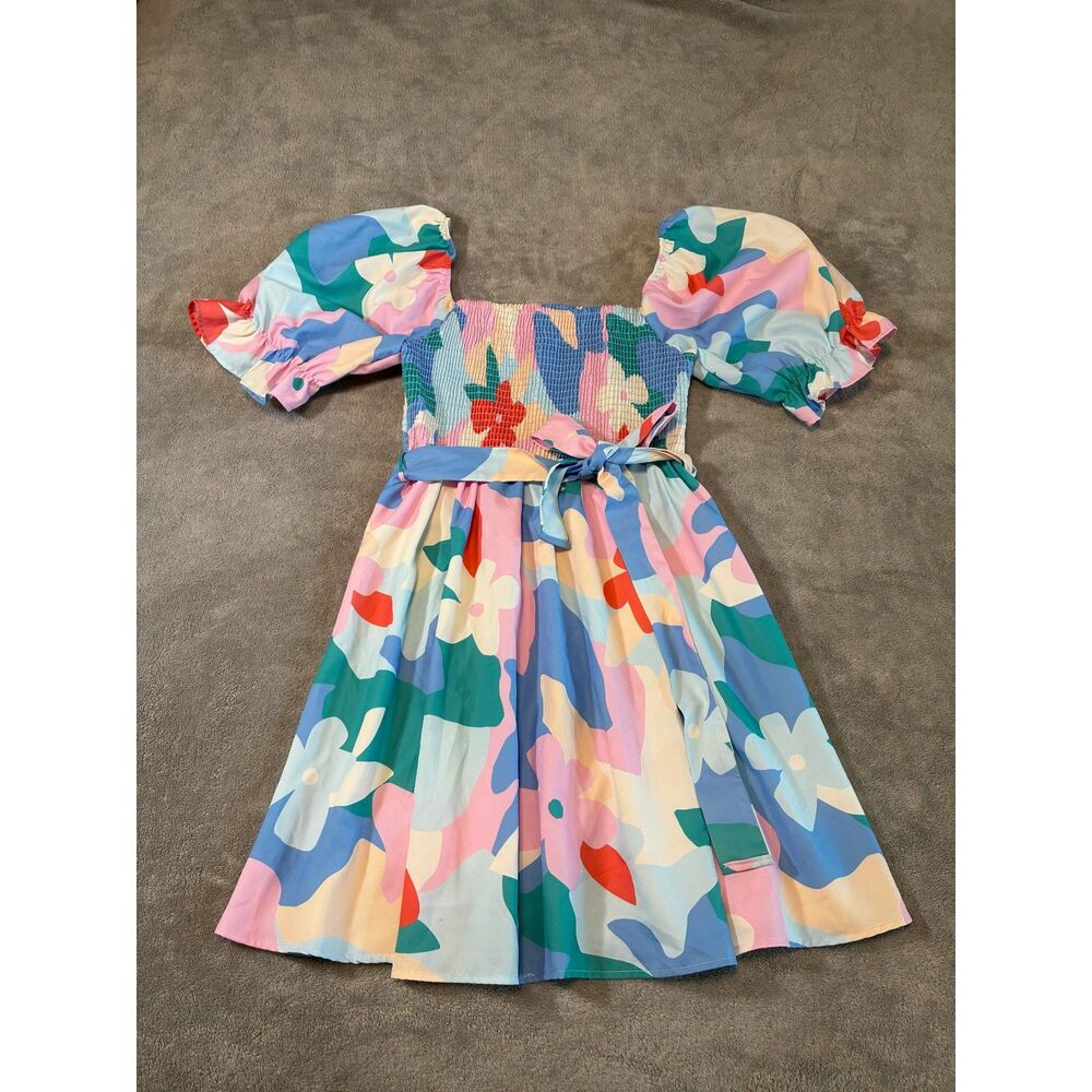 Fantastic Fawn Colorful Floral Puff Sleeve Mini Dress Large